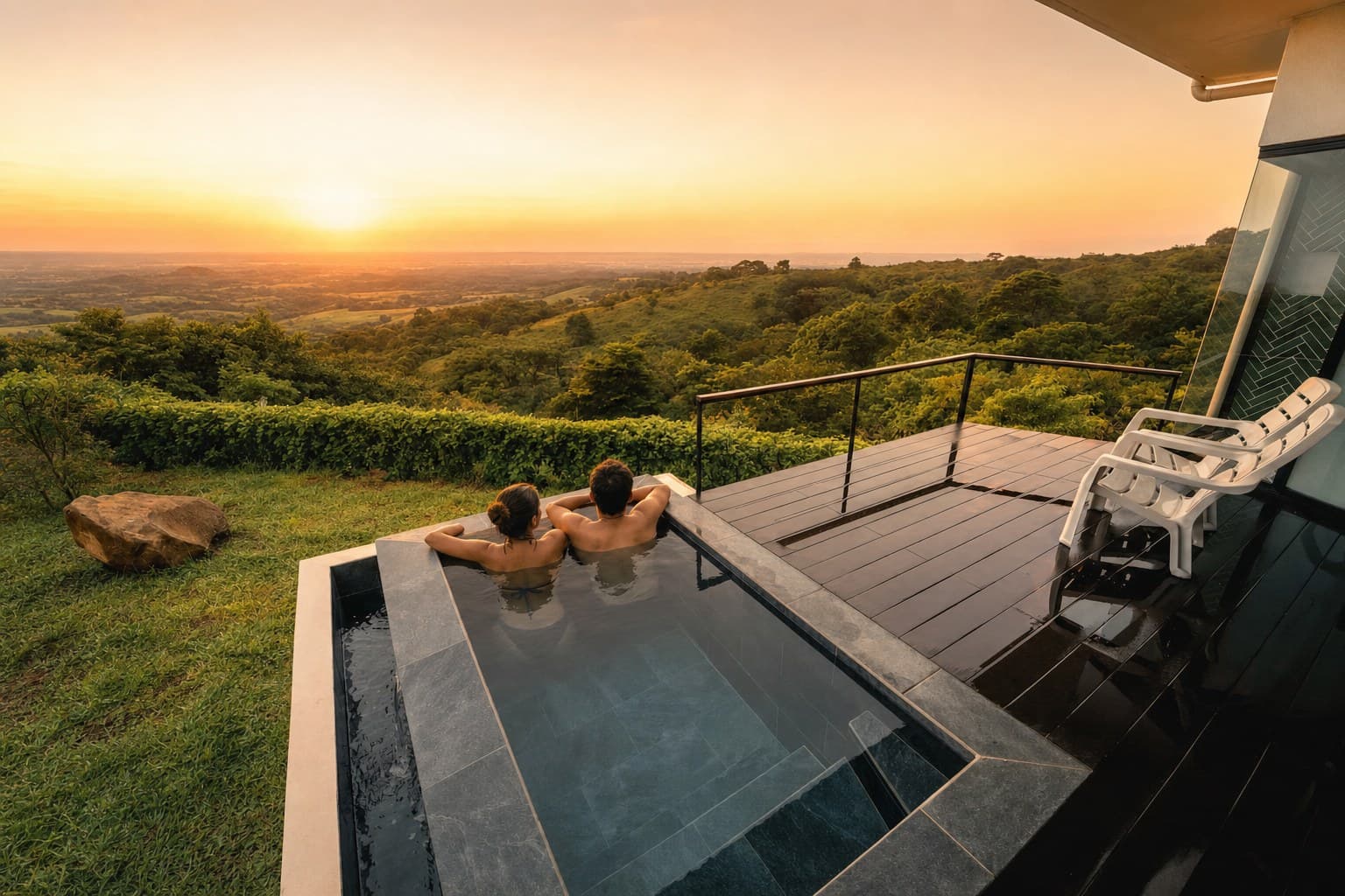 Couple in the plunge pool at sunset, facing the valley